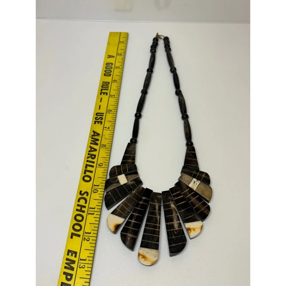 Vintage Style Handcrafted Wood Horn Bone Bib Statement Necklace Brown Cream